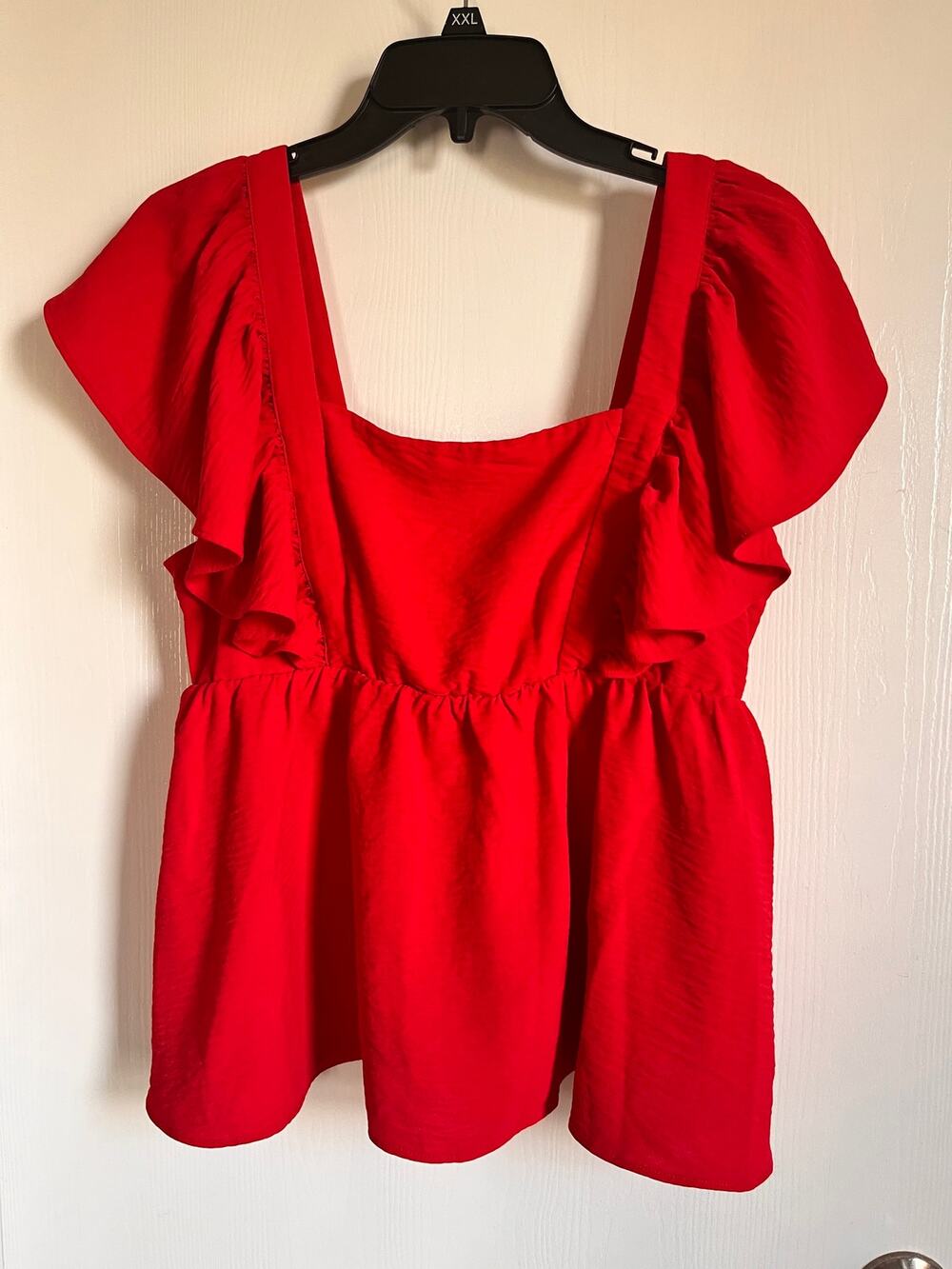 Nine Britton Red Ruffle Sleeve Peplum Top XL | Smocked Back Square Neck Blouse